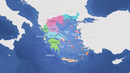 Detailed administrative map of Greece with all greek regions - obrazy, fototapety, plakaty