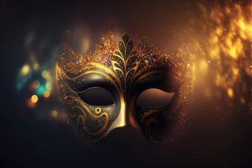 Deurstickers Luxury golden carnival mask for Venice carnival with abstract blurred golden background. Venetian costume. Generative AI. © Oier