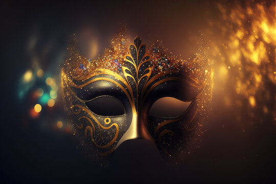 Luxury golden carnival mask for Venice carnival with abstract blurred golden background. Venetian costume. Generative AI.