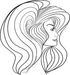 Young beautiful girl with long wavy hair curls. Volume, Haircut, Hairdressing. Black and white line sketch illustration portrait. 