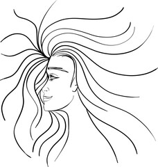 Young beautiful girl with long wavy hair curls. Volume, Haircut, Hairdressing. Black and white line sketch illustration portrait. 