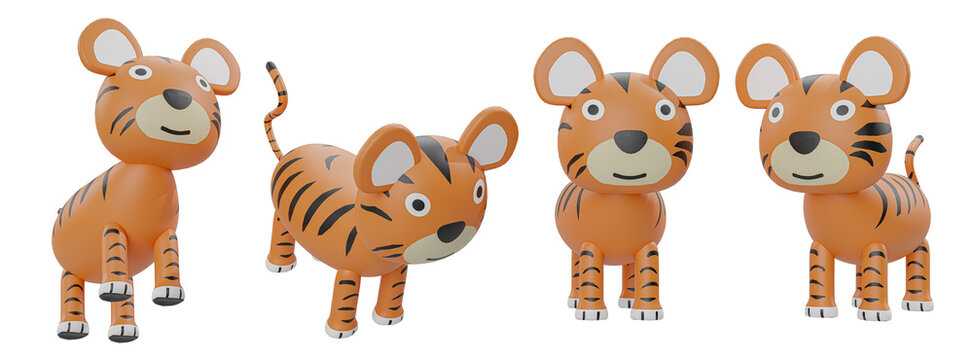 Cartoon tiger different angles transparent background high quality details - 3d rendering