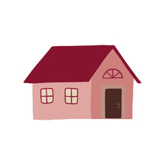 Winter cute cozy house. Sweet doodle pink home isolated on white background. Vector illustration