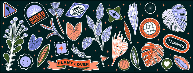 Set Collection of elements patches, labels, tags, stickers, and stamps. Save the Planet, plants, recycle, plant lover. Vector set, trendy