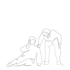 Old man taking care of Old woman man falling accident in single line vector flat design style.Vector flat illustration continue line of a male taking care female is faintly concept for healthcare.