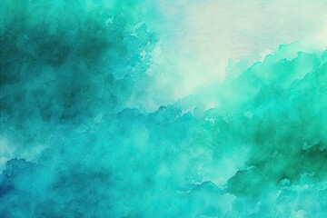 Light blue-green abstract pattern clouds. The background has a painted watercolor paper texture, giving it a unique and organic feel. The dominant color is teal.