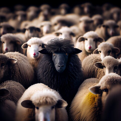 A herd of black sheep with a white one in the middle, generative AI - obrazy, fototapety, plakaty