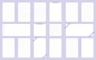 Sheet notepad sticker planner list purple flat set. Vertical horizontal page torn off notebook spiral pad notebook sticker to do list time planner sequence organization diary cute schedule isolated