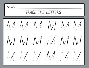 Alphabet letters tracing worksheet. Tracing practice worksheet. Learning alphabet activity page. Letter M