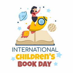 Happy cute girl is flying on rocket into space. International Children's Book Day. Vector illustration in cartoon style. Banner. April 2.
