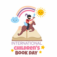 Knight on horseback. Rainbow, sun and cloud.  Magical country. International Children's Book Day. Banner. Vector illustration in cartoon style. Boy and horse.