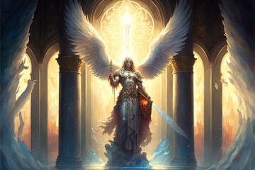 The door to Heaven. Fantasy illustration. God, angels, archangel michael, light. Generative AI