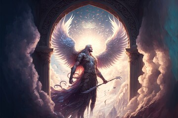 The door to Heaven. Fantasy illustration. God, angels, archangel michael, light. Generative AI - obrazy, fototapety, plakaty
