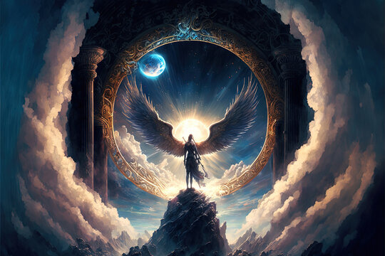 The door to Heaven. Fantasy illustration. God, angels, archangel michael, light. Generative AI