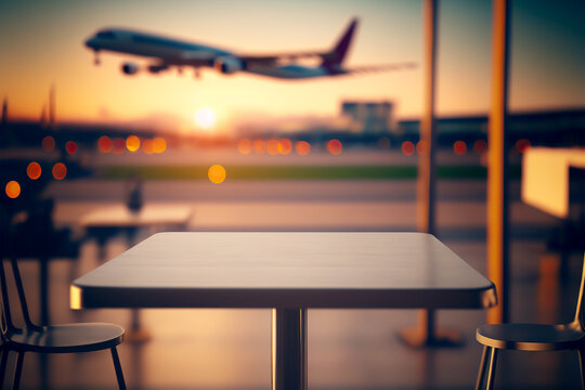Empty round table in airport cafe of wooden round table in airport cafe with blurred passengers in background during sunset. AI generated image.