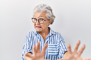 Senior woman with grey hair standing over white background afraid and terrified with fear expression stop gesture with hands, shouting in shock. panic concept.