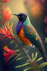 Obraz premium Delicate painting with a bird landing on the flowers. Pastel tones. AI Digital art.