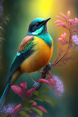 Spring bird landing on the flowers. Pastel tones. AI Digital art.