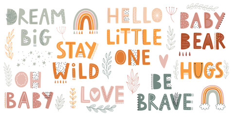 Cute Boho Letterings for your design - Dream big, Stay wild, Be brave, Hello little one and others. Childish hand drawn elements. Nursery theme, © avian