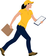 Hand drawn delivery woman running with a package and a clipboard. Vector flat style illustration isolated on white. Full length view