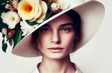 Portrait of a beautiful and young woman with retro hat and flowers on white background. illustration Generative AI.