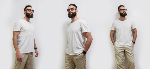 Young bearded hipster guy wearing white blank tshirt with copy space for your text or logo. Side and front view mockup template