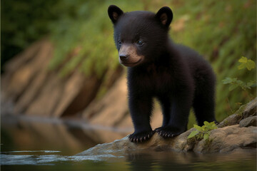 Baby black bear cub alert and standing on the ledge looking over the calm water with great curiosity.  Generative ai 