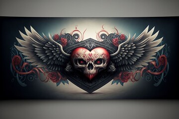 skull with wings in heart banner, generative ai