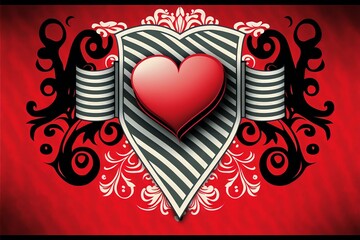 heart shield with ornament, black and white stripes, generative ai