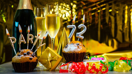 Happy birthday background with champagne glasses with number cake  72. Beautiful birthday card with...