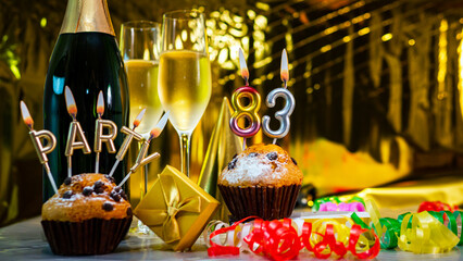 Happy birthday background with champagne glasses with number cake  83. Beautiful birthday card with...