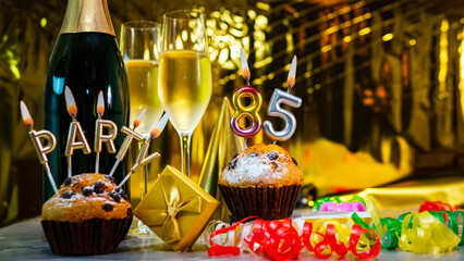 Happy birthday background with champagne glasses with number cake  85. Beautiful birthday card with...