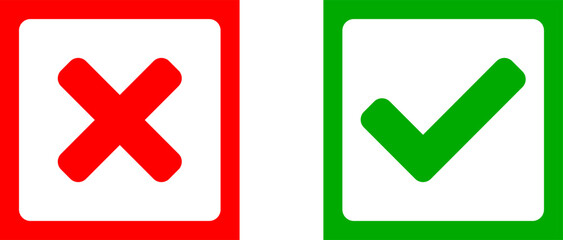 Yes and No or Right and Wrong or Approved and Declined Icons with Check Mark and X Signs in Green and Red Squares. Vector Image.