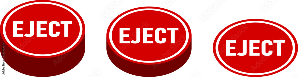 Poster red eject push button badge icon set in perspective view in various stages. vector image.