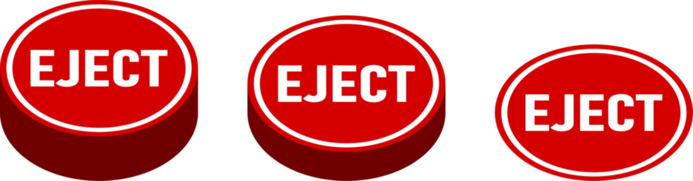 Red Eject Push Button Badge Icon Set in Perspective View in Various Stages. Vector Image.