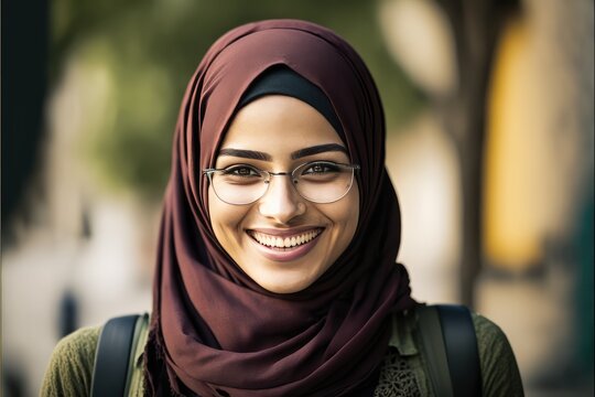 Smiling young college female student wearing a hijab looking at the camera.  generative AI