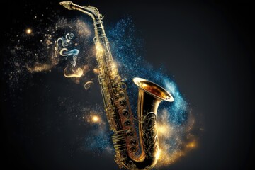 Fototapeta na wymiar Generative AI jazz music notes in the air coming out of a golden saxonphone