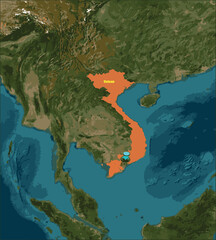 Vietnam is illustrated on a world map. The country is an ASEAN member and is known for its geographical shape of a S. It is a tropical country with sunny weather all year. It is famous for coffee