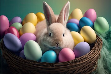 Generative AI hyper realistic basket of colored easter eggs with cute rabbit holding eggs