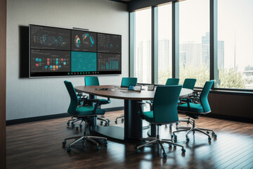 A modern conference room with a large interactive touchscreen display and multiple devices for remote collaboration, generative ai