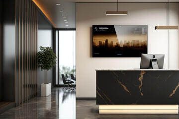 A modern office lobby with a sleek reception desk and a digital display displaying company information, generative ai - obrazy, fototapety, plakaty