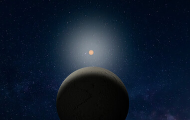 A new potentially habitable rocky exoplanet, with craters and an atmosphere. Background with bright star and Milky Way