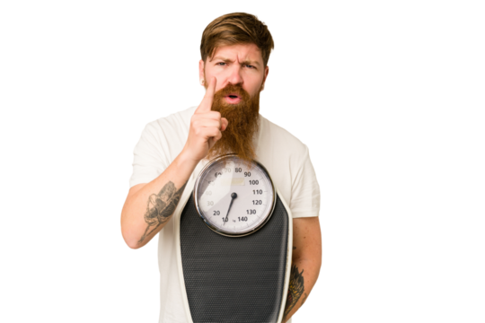 Adult redhead man with long beard holding a scale isolated cut out having an idea, inspiration concept.