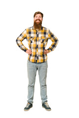 Young adult redhead man with a long beard standing full body isolated confident keeping hands on hips.