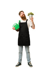 Adult gardener man holding a plant full body cut out isolated