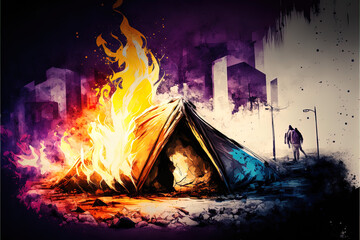 Urban Blaze: A Campfire in a Downtown Homeless Camp - Perfect for Infographics and Design Projects