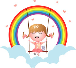 Happy girl playing the swing on rainbow