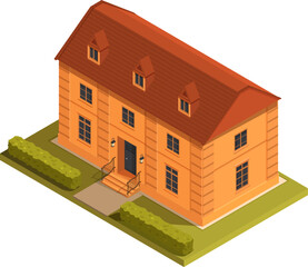 isometric yellow mansion on the lawn with bushes, vector illustration
