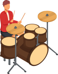isometric drummer playing drums, vector illustration