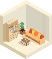 isometric living room with sofa and wardrobe, vector illustration